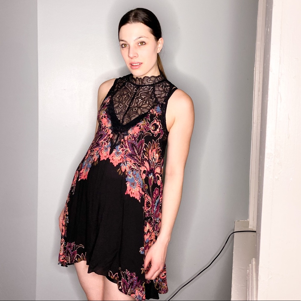 Black Floral Free People Top with Lace Detail